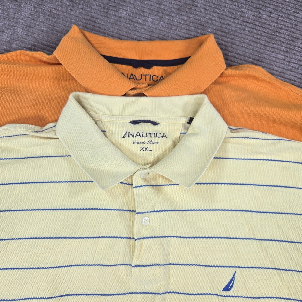 Nautica Mens XXL Yellow Orange Striped Solid Cotton Pique Polo Shirt Bundle 2pk